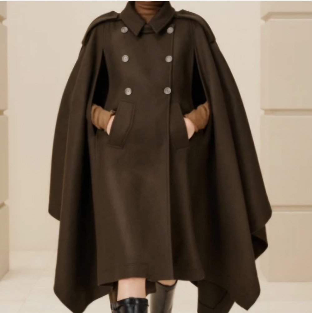 Zara Dark Brown Double-Breasted Wool Cape Coat